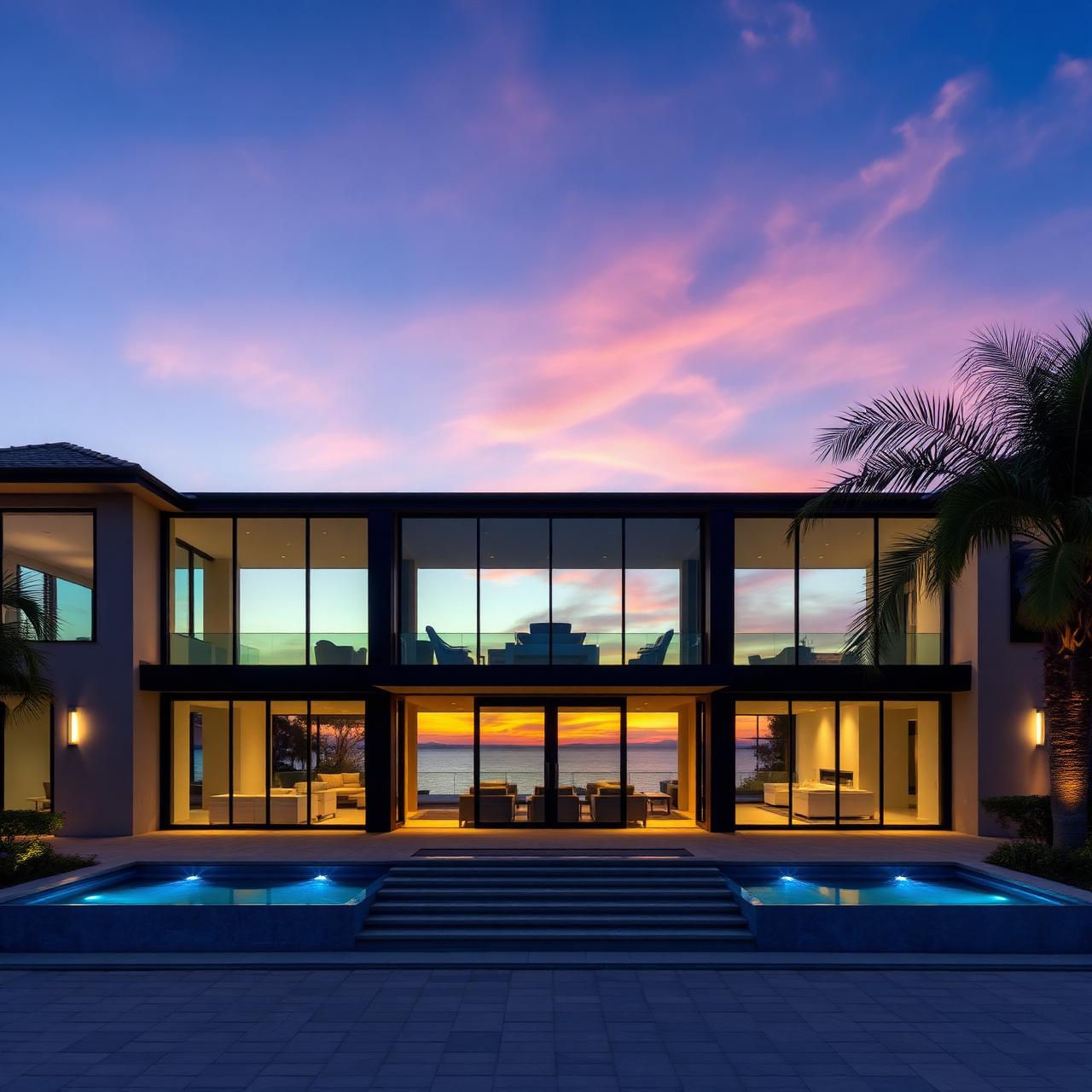 Luxury Florida home with floor-to-ceiling hurricane impact windows at dusk